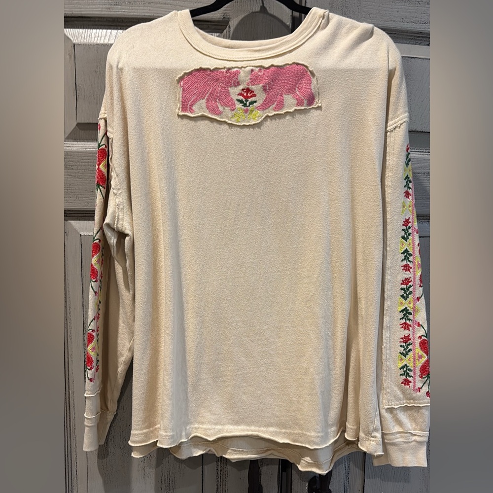 Free People Cream Sweater with Pink and Red Accents